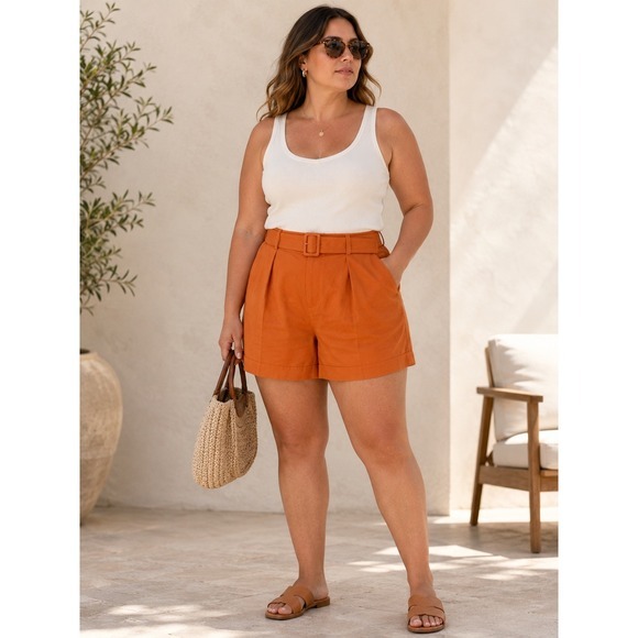 Vince Pants - Vince Belted Pleated Shorts Burnt Orange Cotton Linen Size 14